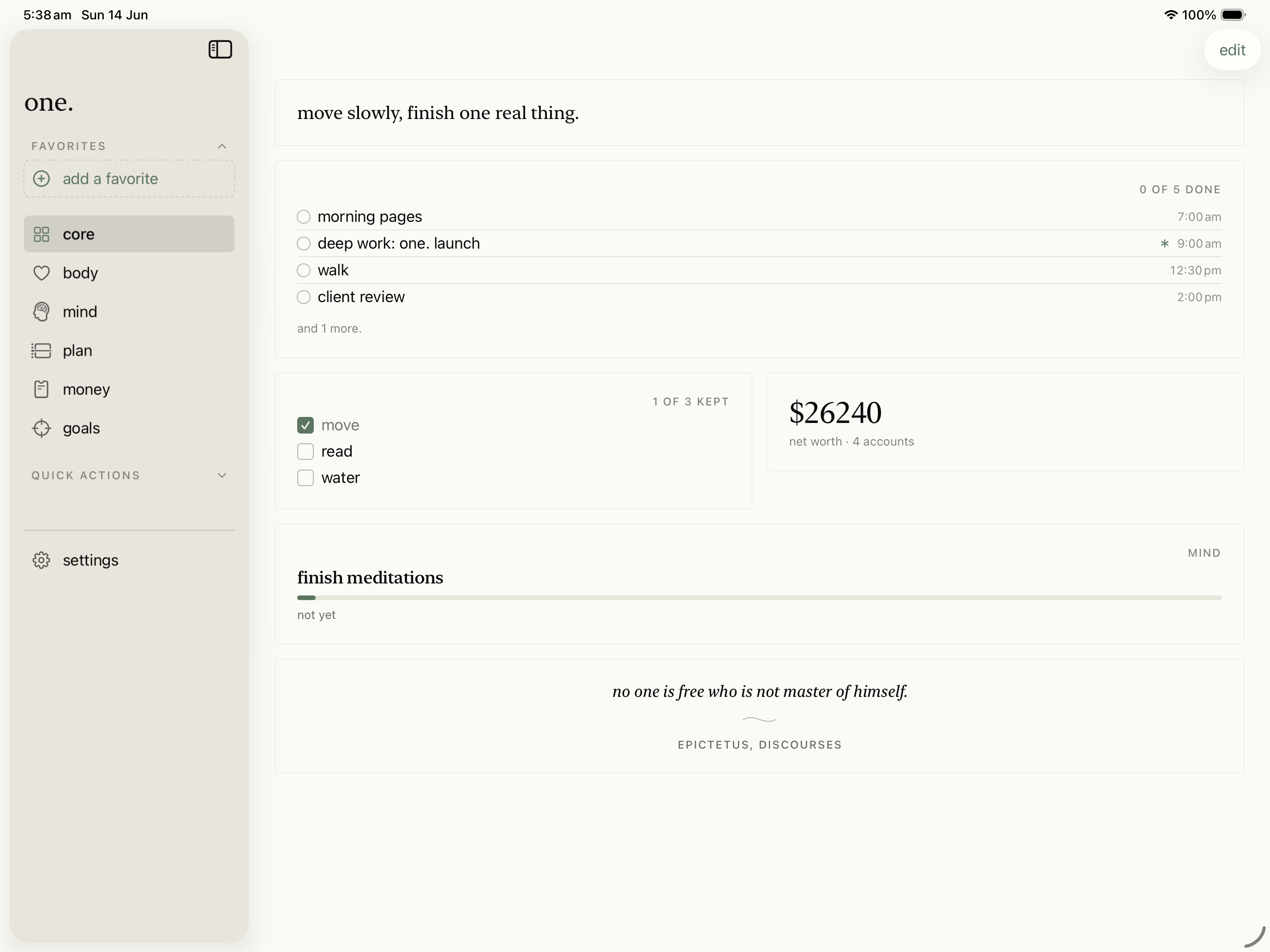 the one. command center on iPad, showing the day at a glance